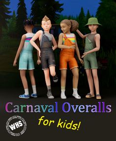 several children standing in front of trees with text that reads carnival overalls for kids