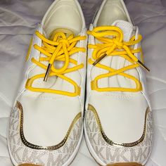 Beautiful Michael Kors, New, Never Used, Too Small For Me, Thought I Can Exchange Them For My Size On Other Store But Never Happened. Selling Them For Less Than What I Paid. Colors Are White, Yellow , & Silver. Supercutecolor. This Sell Is For One Pair Only.!!! Any Questions? Make An Decent Offer, We Go From There. Gold Wedge Sneakers With Round Toe, Yellow Synthetic Flat Sneakers, Yellow Flat Sporty Sneakers, Sporty Yellow Flat Sneakers, Michael Kors Wedges, My Size, Michael Kors Shoes, Wedge Shoes, Yellow White