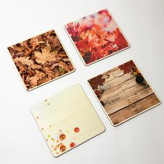 four square coasters with autumn leaves on them