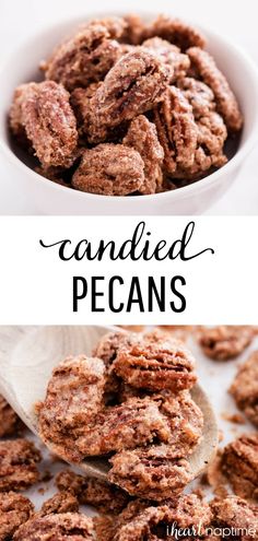 candied pecans in a white bowl and on a spoon with text overlay