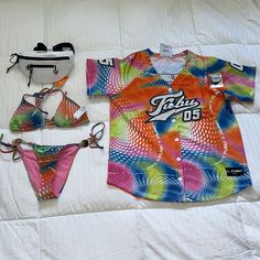 Fubu Swim Set With Matching Jersey Swim Bikini Top And Bottom Fanny Pack Casual Multicolor Graphic Print Swimwear, Summer Pink Swimwear With Graphic Print, Pink Swimwear For Summer Music Festival, Pink Swimwear For Music Festival, Trendy Multicolor Swimwear For Music Festival, Harlem Globetrotters, White Sweatpants, Swim Sets, Blue Crop Tops