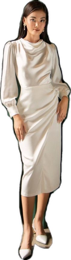 Elegant Satin Maxi Dress For Wedding, Elegant Long Sleeve Satin Wedding Dress, Elegant White Satin Dress For Formal Occasions, White Long Sleeve Satin Maxi Dress, Cream Long Sleeve Dress For Wedding Guest, Long Sleeve Cream Dress For Wedding Guest, Elegant White Satin Bridesmaid Dress, Cream Satin Midi Dress For Wedding, Chic Sheath Maxi Dress For Wedding