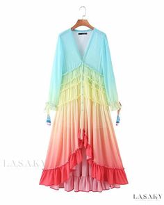 Lasaky - Womens Gradient V-neck Tassel Vacation Dress with Ruffled Hem Maxi Skirt in Elegant Design Vestido Boho Chic, Vacation Maxi Dress, Bohemian Summer Dresses, Colorful Maxi Dress, Long Sleeve Ruffle Dress, Boho Beach Dress, High Low Maxi Dress, Elegant Maxi Dress, Dress Chiffon