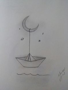 a drawing of a paper boat with a crescent on it