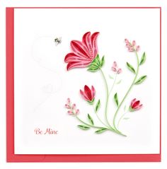 a card with pink flowers and a bee on it that says be mine in the center