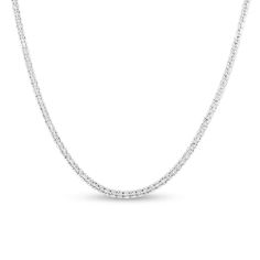 This exciting ice link bead chain necklace is a fun and fashion-forward look. 14K white gold Sparkly diamond-cut bead links catch and reflect light 20.0 inches; lobster claw clasp Silver Sterling Single Strand Tennis Necklace, Formal White Gold Single Strand Chain Necklace, Elegant White Gold Tennis Necklace, Silver Chain Link Necklace With Diamond Cut, Formal White Gold Tennis Necklace With Chain, White Diamond Cut Chain Link Jewelry, Silver Diamond Tennis Necklace With Box Chain, White Diamond Link Chain Necklace, Modern White Gold Necklace With Lobster Clasp