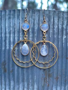 Unique gold double hoop earrings with genuine moonstone gemstones.  If you are looking for something unique, these are for you! These long dangle earrings are very eye-catching AND super lightweight!  These earrings are 2 1/2 inches long and 1.25 inch wide, the French ear wires are high-quality 14 karat gold fill. The beads are genuine Moonstone gems. All my jewelry comes gift boxed with a custom Shelly Mariposa Design butterfly card ready for gift giving, whether it is a gift for you or someone Double Hoop Earrings, Long Dangle Earrings, Moonstone Earrings, Moonstone Jewelry, Gold Hoop Earrings, Jewelry Creation, Moonstone, Gold Earrings, My Jewellery