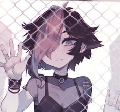 an anime character standing behind a chain link fence with her hand up in the air