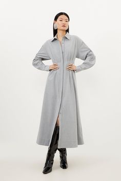 Grey Marl Wool Mix Shirt Midi Dress Long Shirt Outfits, Shirt Midi Dress, Skirt Draping, Grey Midi Dress, Maxi Shirts, Midi Shirt Dress, Straight Skirt, Wool Dress, Karen Millen