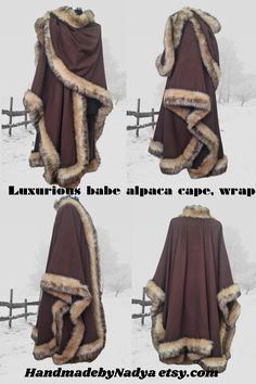 Wrap yourself in elegance and warmth with this luxurious handmade babe alpaca cape. Crafted with precision, the stunning brown alpaca blend fabric is soft, lightweight, yet incredibly warm—perfect for chilly days and sophisticated evenings. The cape is adorned with premium vegan fox fur trim, carefully detailed to frame the edges for a luxurious, cruelty-free look.  This generously sized piece fits all body types, including plus sizes, ensuring comfort without compromising on style. Its flowing design makes it versatile as a shawl, wrap, or cloak, ideal for layering over casual, formal, or winter outfits. Elevate your wardrobe with this timeless accessory