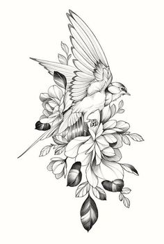 a black and white drawing of a bird sitting on top of a bunch of flowers