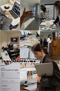 a collage of photos with people working on laptops