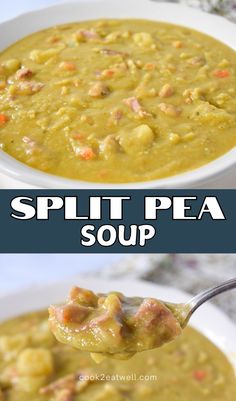 split pea soup in a white bowl with a spoon full of it and the text split pea soup on top