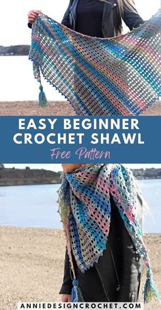 a woman wearing a crochet shawl with text overlay that says easy beginner crochet shawl free pattern