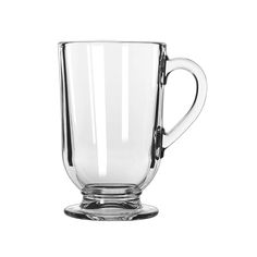 a clear glass cup with a handle on the top and bottom, sitting in front of a white background