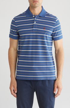 Stretch-kissed and breathable cotton brings total comfort to this striped polo that brings a sporty attitude to any ensemble. 29" length (size Medium) Button half placket Spread collar Short sleeves 100% cotton Machine wash, tumble dry Imported Navy Casual Polo Shirt With Striped Collar, Blue Cotton Polo Shirt With Three Stripes, Fitted Striped Polo Shirt, Casual Striped Short Sleeve Polo Shirt, Striped Cotton Polo Shirt With Short Sleeves, Fitted Striped Polo Shirt For Summer, Summer Fitted Striped Polo Shirt, Blue Cotton Polo Shirt With Horizontal Stripes, Striped Relaxed Fit Polo Shirt For Summer