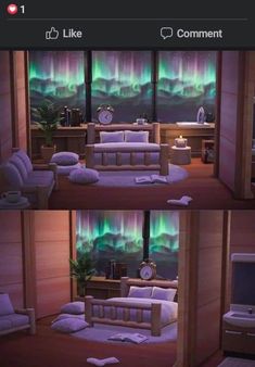 two pictures of a bedroom with the aurora lights in the background