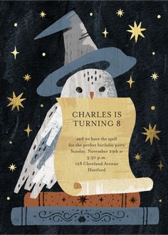 a birthday card with an owl wearing a witches hat and holding a sign that says charles eight