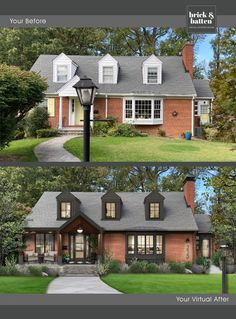 before and after photos of a brick house