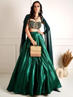 Green Meera Drape Lehenga Set Drape Lehenga, Chiffon Lehenga, Flared Lehenga, Lehenga And Blouse, Satin Lehenga, Mehendi Outfits, Green Lehenga, Lehenga Blouse, Drape Sleeves