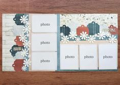 the inside of a scrapbook with photos and flowers on it, sitting on a wooden table