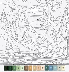 a coloring page with mountains and trees in the background, including numbers 1 - 10