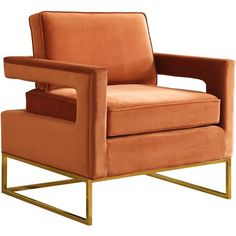 an orange chair with a gold frame and foot rest