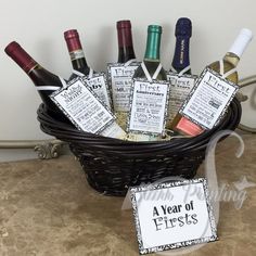 a basket filled with wine bottles next to a sign that says, a year of fires