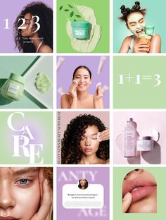 the collage shows different images of women with skin care products on their faces and hands