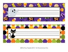 two halloween themed name tags with a cat and ghost on them