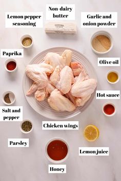 the ingredients for chicken wings on a plate