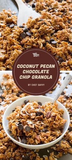 coconut pecan chocolate chip granola in a bowl