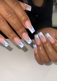 Stylish French Tip Nails, Summer Nail Sets Acrylic, Square French Tip Acrylic Nails Design, V Line French Tip Nails, Vacay Nails Acrylic, Summer Nails Black Women, Diy Acrylic Nails, Her Nails