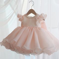 Pink Baby Flower Girl Dress For Wedding Pearls O-neck Tulle Bow Puffy Kids Birthday Party Princess Princess Dress Pink, 1 Year Birthday, Toddler Party Dress, Girls Lace Dress, Kids Party Dresses, Christening Gown, Girl Christening, Wedding Flower Girl Dresses