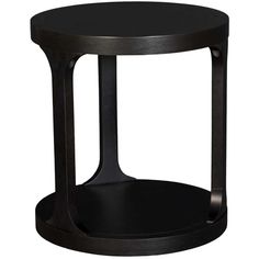 a black round table with an iron frame and shelf on one side, against a white background