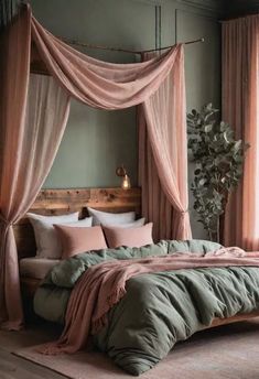 Sage Green Boho Home Decor, Cosy Green Bedroom Ideas, Bedroom Ideas With Tan Walls, Wallpaper Floral Bedroom, Basement Bedroom Decor Ideas, Gray And Sage Bedroom, Sage Green And Blush Bedroom, Sage Green Farmhouse Bedroom