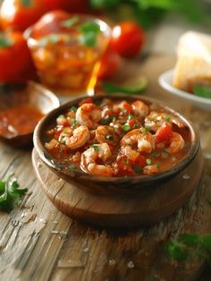 a bowl of shrimp and tomato stew on a wooden table with bread, tomatoes and parsley