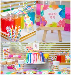 colorful party food and decorations for a kids's birthday