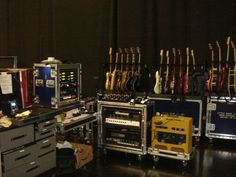 guitars and amps are lined up on display