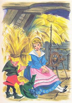 an illustration of two children in front of a spinning wheel with corn stalks on the ground