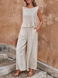 Wide Leg Pants Outfits, Linen Bottoms, Linen Fashion, Linen Style, Hem Top, Casual Sets