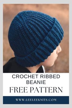 the crochet ribbed beanie free pattern is shown with text overlay