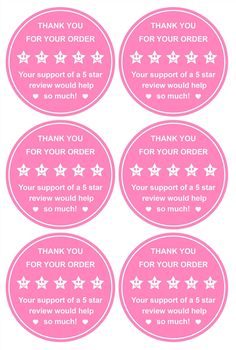 four pink stickers with white stars on them and thank you for order written in the center