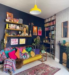 a living room filled with lots of colorful furniture