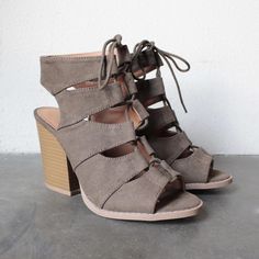 Brown Suede Sandals For Fall, Earth Mother, Lace Up Block Heel, Taupe Grey, Block Heel Sandals, Fashion Heels, Stylish Shoes, Block Heels Sandal, Khaki Green