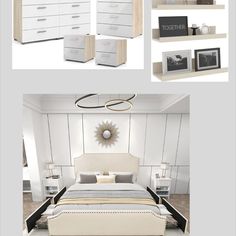 there is a white bed and some shelves with pictures on the top, along with other items