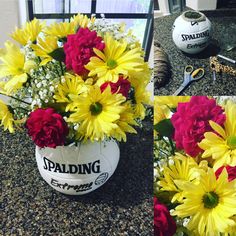 a collage of photos with flowers in a vase and balls on the ground next to them