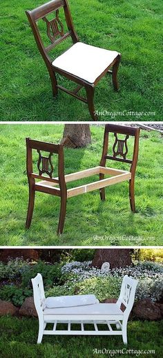 three pictures of different types of benches in the grass and one is made out of wood