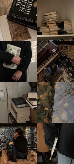 there is a collage of photos with books on the floor