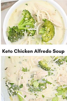 two pictures of chicken alfredo soup with broccoli in the bottom and on the top